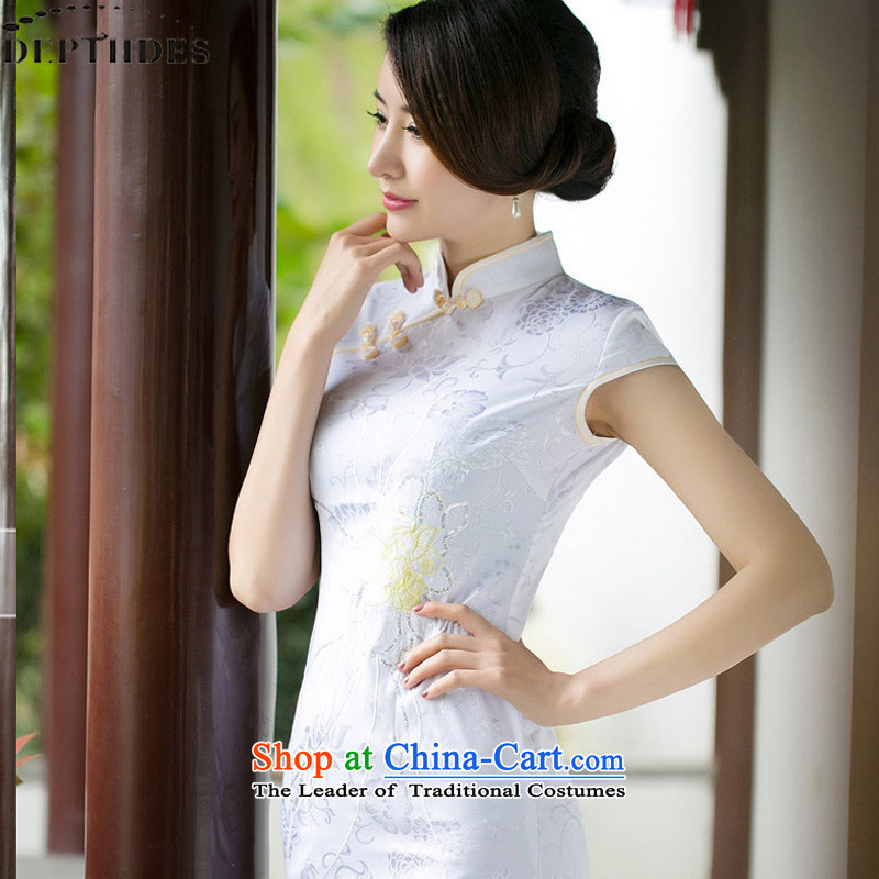 2015 Summer DEPTHDES new stylish daily embroidery improved retro Chinese small collar Sau San cotton jacquard cheongsam dress short skirt, white XL,DEPTHDES,,, shopping on the Internet