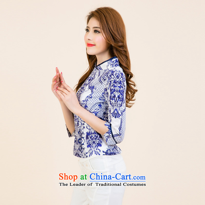 The Tang dynasty 2015 Autumn new ethnic Daily on 7 Improved qipao cuff Chinese Tang blouses women stamp Blue on White Jasmine XXL, Tang Dynasty , , , shopping on the Internet