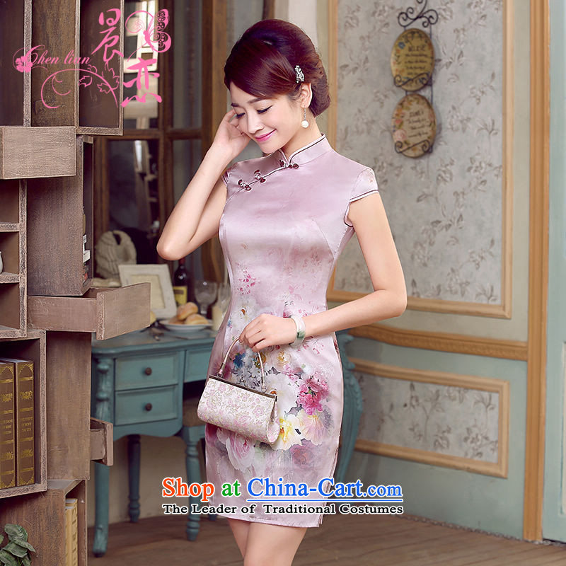 Morning new qipao land 2015 Summer retro short-sleeved improved stylish herbs extract heavyweight silk cheongsam dress with pink 155/S, toner morning land has been pressed shopping on the Internet