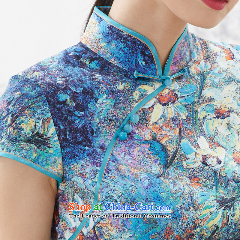 Wood, an improved cheongsam dress really Summer 2015 new products female elastic stylish silk Sau San dresses 53349 10 deep blue XL, Wood , , , the true online shopping