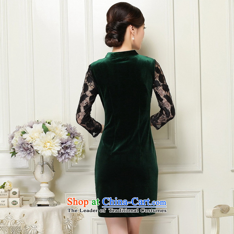 At the end of light female scouring pads Sau San qipao deep V-Neck Fluoroscopy 7 cuff retro qipao JT1060 dark green light at the end of S, shopping on the Internet has been pressed.