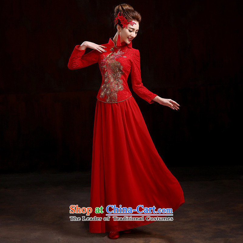 Pure Love bamboo yarn-soo Wo Service 2015 new high-end marriages qipao retro bows service kit qipao spring length of Chinese embroidery cheongsam RED?M