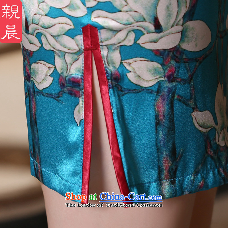 The pro-am daily new improvements by 2015 and the relatively short time, Ms. Short-sleeved heavyweight herbs extract silk cheongsam dress blue 2XL, pro-am , , , shopping on the Internet