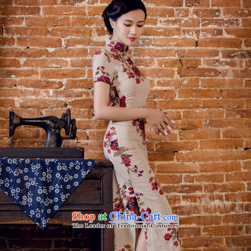 At the end of light cotton linen saika short-sleeved qipao retro in long skirt summer Chinese Hospitality Services Day Lilies AQE2063 GARDEN S, at the end of light , , , shopping on the Internet