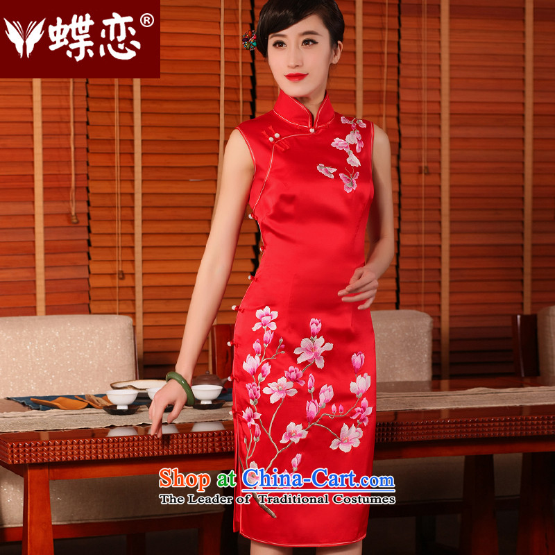 The Butterfly Lovers 2015 Summer new heavyweight silk cheongsam dress manually push embroidered bows to sepia marriage cheongsam red , L, Butterfly Lovers , , , shopping on the Internet