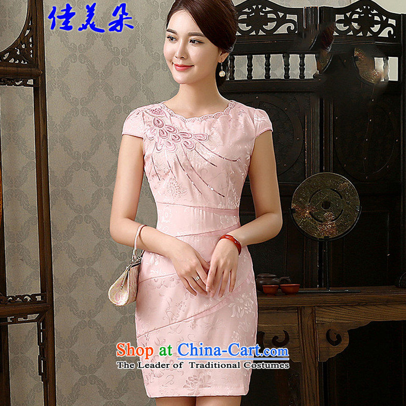 Jia Mei  2015 Flower new cheongsam dress stylish improved temperament short of Sau San embroidery cheongsam dress dresses 1587_ pink L