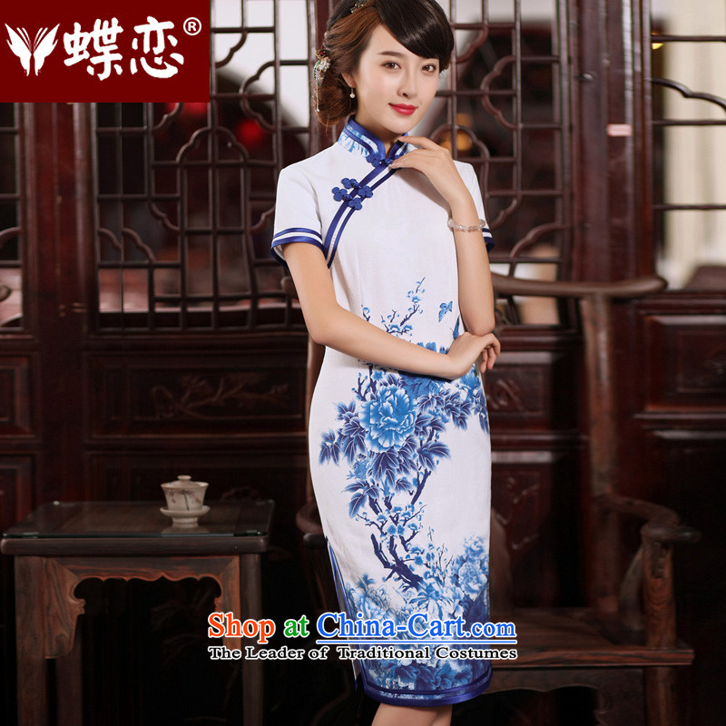 The Butterfly Lovers 2015 Summer new porcelain cotton linen improved stylish cheongsam dress retro-day short-sleeved qipao S