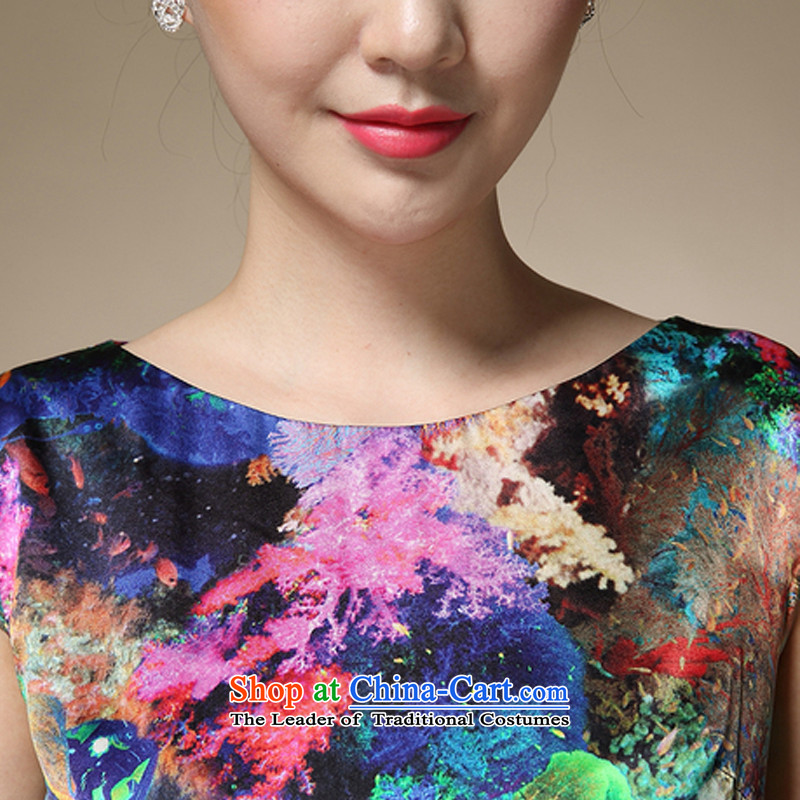    Summer Scent Multimedia 2015 new stamp round-neck collar short-sleeved MOM Pack Silk Cheongsam 8996 Sau San temperament retro blue colored flowers XXXL, stamp (CAI HUA XIANG) , , , shopping on the Internet