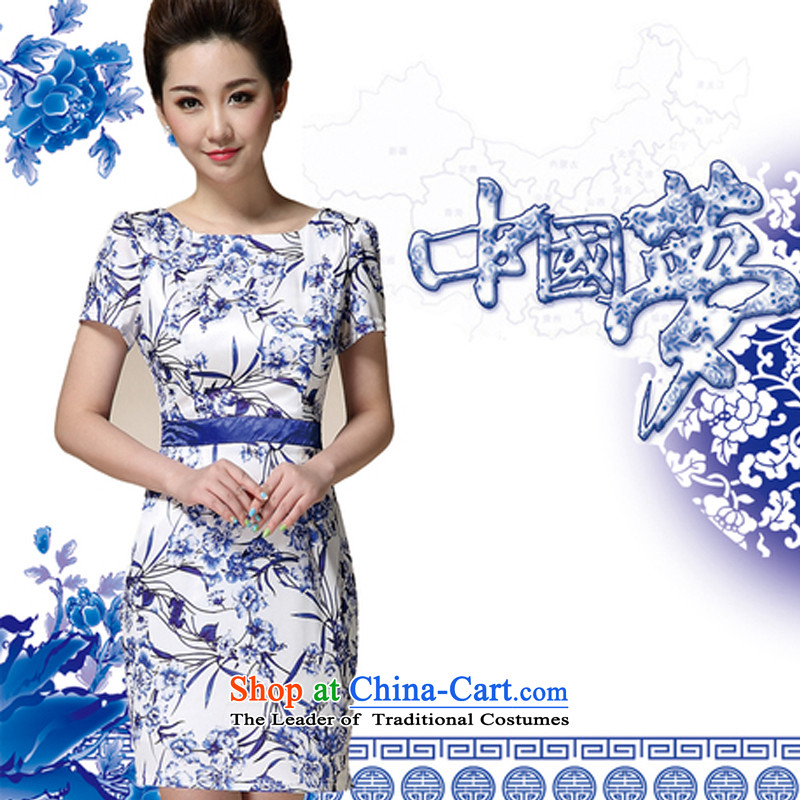 The fragrance of  2015 Sau San summer multimedia female porcelain stamp Foutune of graphics load mother qipao thin blue colored flowers XXXL, 8991 (CAI HUA XIANG) , , , shopping on the Internet