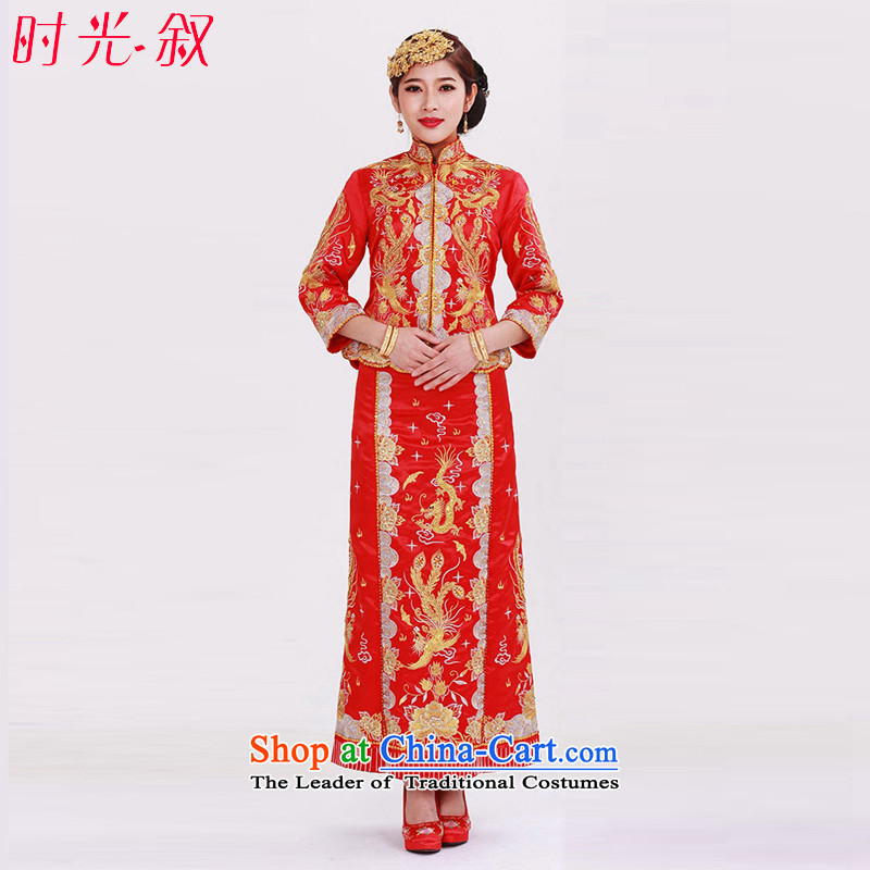 The Syrian-soo wo service time use the new Chinese dragon and the dragon and the use of Sau San embroidered summer clothing bride dress married a drink red wedding costume wedding gown retro?L
