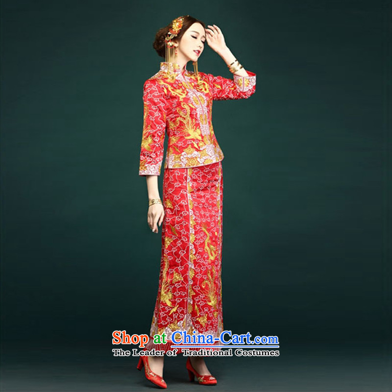 Time Use Su-Reel Dragon Syrian bridal dresses small Wu-fu Chinese Dress retro-soo and wedding dress gold and silver thread use skirt use marriage solemnisation wedding gown costume red XXL, time Syrian shopping on the Internet has been pressed.