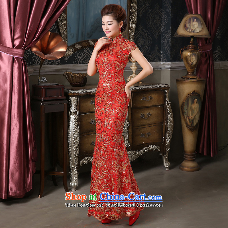 Pure Love bamboo yarn cheongsam wedding gown performances/stage/bridal dresses/costumes crowsfoot cheongsam dress long lace improved qipao bride XXL, Red Plain Love bamboo yarn , , , shopping on the Internet