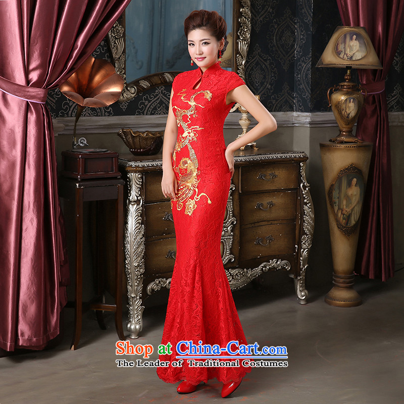 Pure Love bamboo yarn bridal dresses qipao qipao gown toasting champagne Sau San crowsfoot embroidery lace Chinese Dress XXL, Red Plain Love bamboo yarn , , , shopping on the Internet