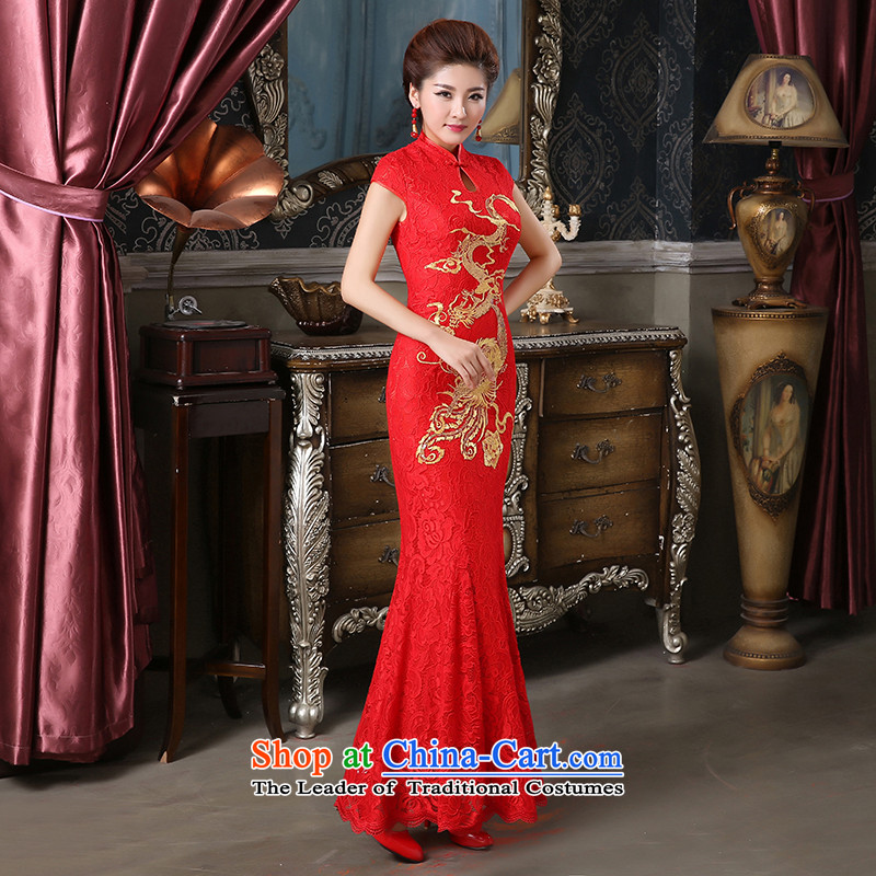 Pure Love bamboo yarn bridal dresses qipao qipao gown toasting champagne Sau San crowsfoot embroidery lace Chinese Dress XXL, Red Plain Love bamboo yarn , , , shopping on the Internet