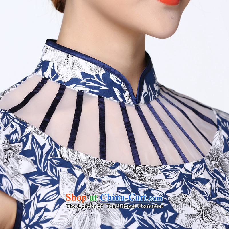 The Tang dynasty 2015 Summer New OSCE root yarn stitching short-sleeved elegance short cheongsam dress female TXF30498 blue and white azaleas XL, Tang Dynasty , , , shopping on the Internet