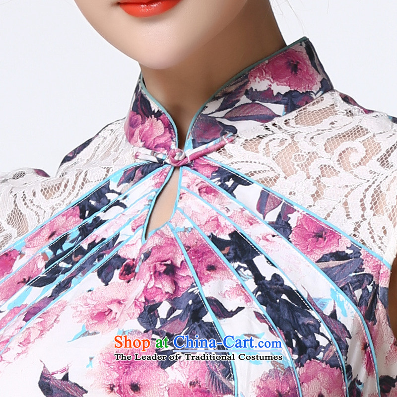 The Tang dynasty 2015 summer daily improved cheongsam dress lace stitching short skirt female TCF40003 QIPAO) emblazoned with the purple Begonia M Tang Dynasty , , , shopping on the Internet