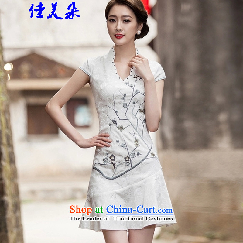 Jia Mei flower  spring and summer 2015 New Short Sleeve V-Neck embroidered Phillips-head nails pearl crowsfoot petticoats embroidery short qipao 1123# pink XL, JIA MEI (JIA MEI DUO) , , , shopping on the Internet