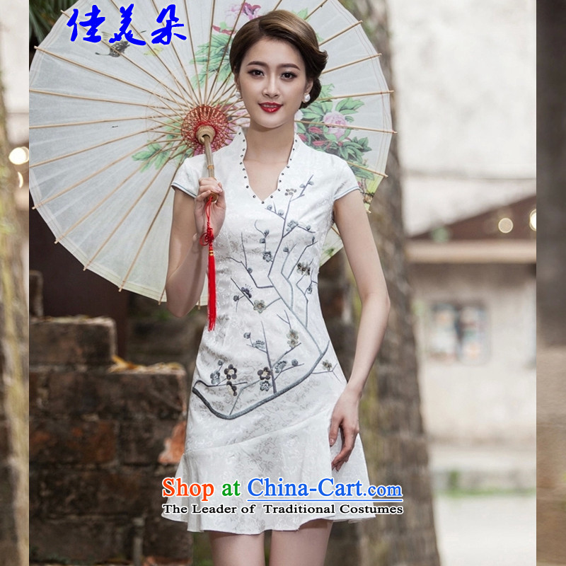 Jia Mei flower  spring and summer 2015 New Short Sleeve V-Neck embroidered Phillips-head nails pearl crowsfoot petticoats embroidery short qipao 1123# pink XL, JIA MEI (JIA MEI DUO) , , , shopping on the Internet