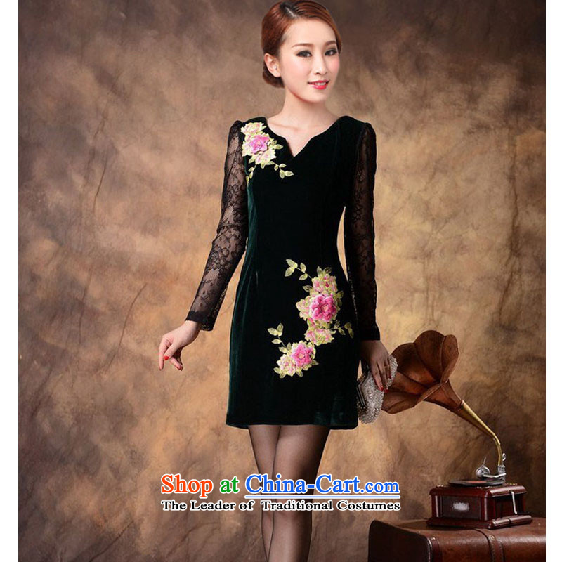 Load the autumn 2015 embroidery high-end Kim velvet cheongsam dress women's long-sleeved 6612 long-sleeved green XXL, Leung Ching has been pressed micro shopping on the Internet