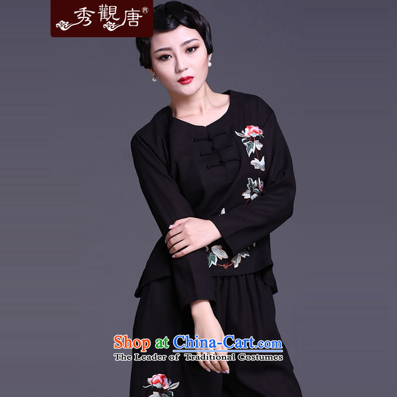 -Sau Kwun Tong- synchronised Mudan spring long-sleeved T-shirt _2015 Ms. Tang Gown of ethnic women's two kits pack Black?XL