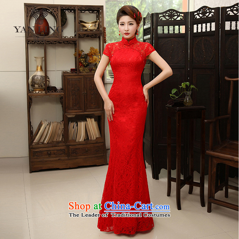 Charlene Choi Ling /YANLING new Chinese marriages bows services red crowsfoot lace long cheongsam dress female summer QP-600 RED S, Charlene Choi spirit has been pressed shopping on the Internet
