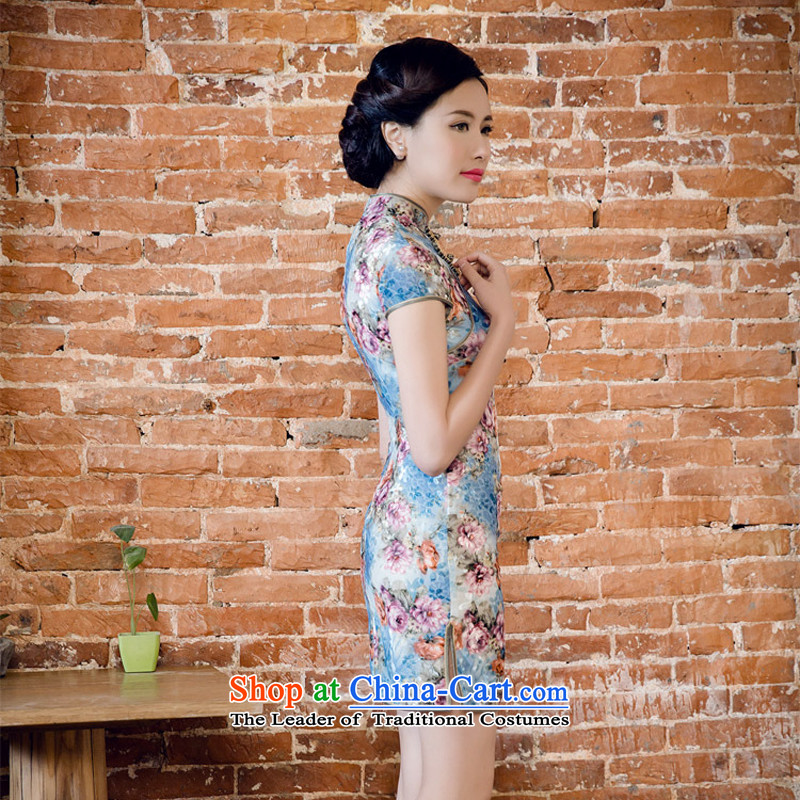 Bong-migratory 7475 2015 new summer, scouring pads to a high standard and style qipao really temperament velvet cheongsam dress DQ15123 blue flowers , L, Bong-migratory 7475 , , , shopping on the Internet