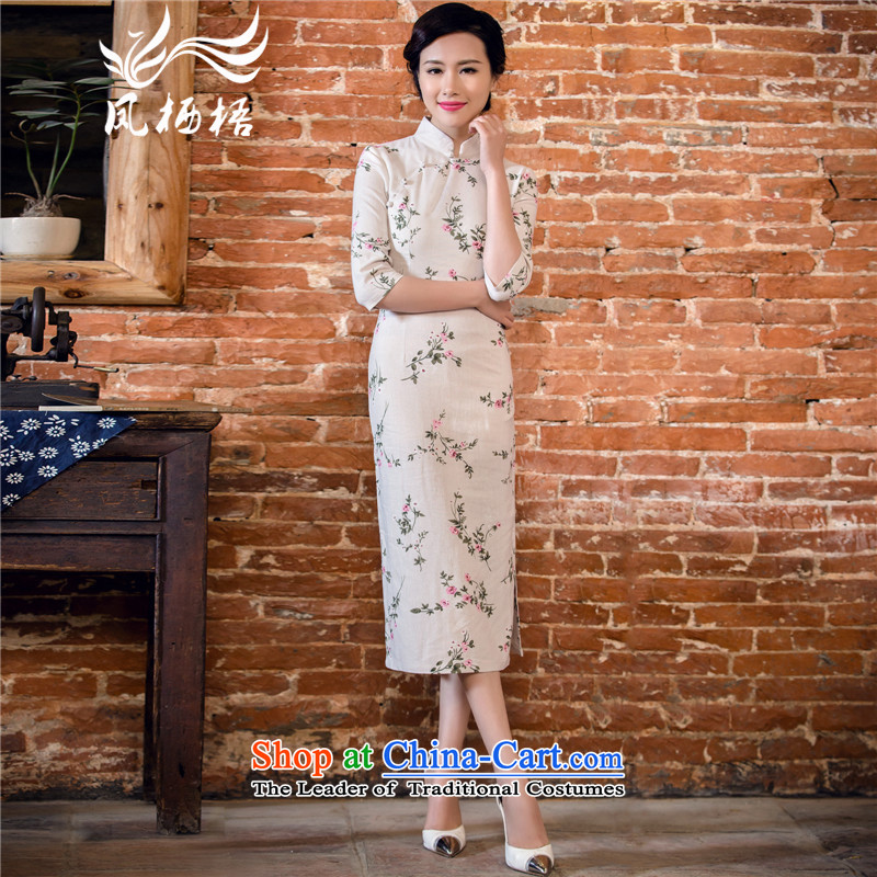Bong-migratory 7475 2015 Summer new linen dresses in long-sleeved retro cotton linen cheongsam dress DQ15132 m White?XXL