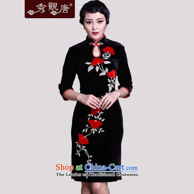 Sau Kwun Tong Role in long-sleeved velvet qipao woman?spring 2015 retro mother cheongsam dress?XXXL black