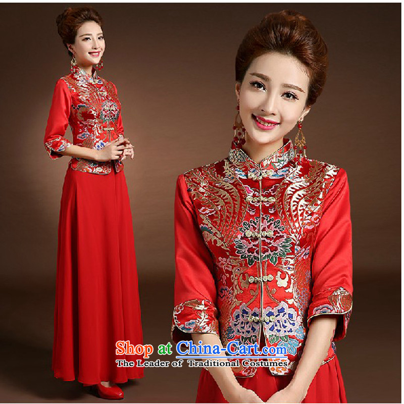 Pure Love bamboo yarn new wedding dresses qipao Chinese robe embroidered red bride use cheongsam dress qipao toasting champagne kit spring thick 2 piece bride flag red S