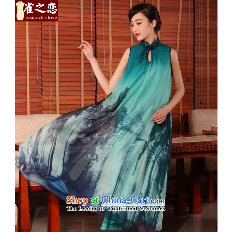 Love of birds Zephyr 2015 new summer loose long skirt fashion style qipao female improved dresses?QD754?Tsing yarn?XL