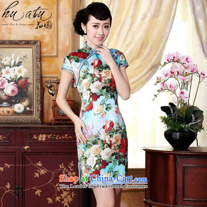 Floral heavyweight Ms. Silk Cheongsam retro improved Mock-neck herbs extract poster stretch of Sau San double short qipao 2XL, flowers to spend figure , , , shopping on the Internet