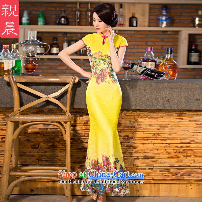 The pro-am new daily qipao 2015 skirt Fashion Ms. summer improved retro long crowsfoot cheongsam dress yellow S pro-am , , , shopping on the Internet