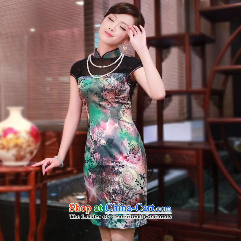 After a new wind 2015 skirt Fashion stamp daily qipao retro high-end cheongsam dress 4339th new 4339th green after the wind has been pressed XL, online shopping