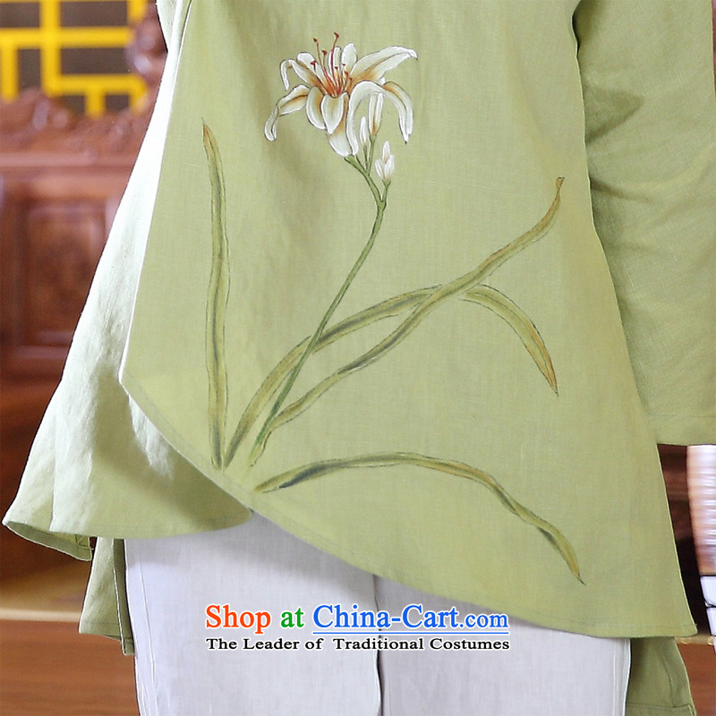 Ink Install autumn 2014 cotton linen original Tang dynasty women improved Han-girl ethnic costumes of nostalgia for the hand-painted flowers light green L Xuan ink has been pressed shopping on the Internet