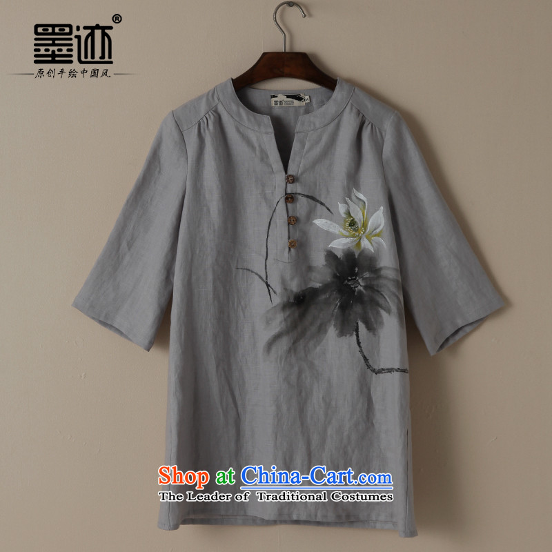 Ink cotton linen Tang dynasty new spring and autumn loose hand-painted on literary and artistic linen van relaxd casual lotus linen , L, ink has been pressed shopping on the Internet