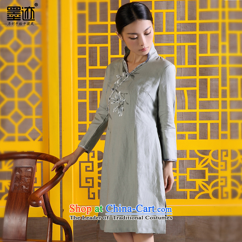 The size of the ink pack women autumn cotton linen flax Tang dynasty retreat Yi ethnic Han-improved hand painted art nouveau Female dress Light Gray Ink, L, , , , shopping on the Internet