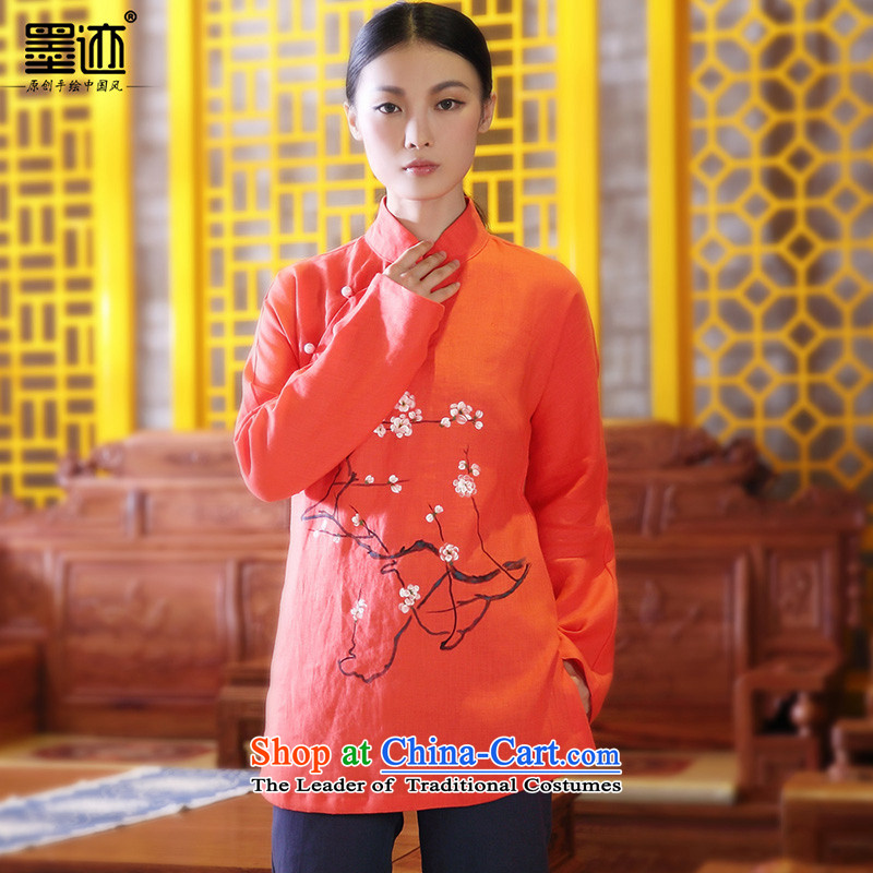 Ink autumn and winter new products hand-painted cotton linen Tang Dynasty Chinese Han-girl shirt ethnic retro jacket red ink has been pressed, L, online shopping