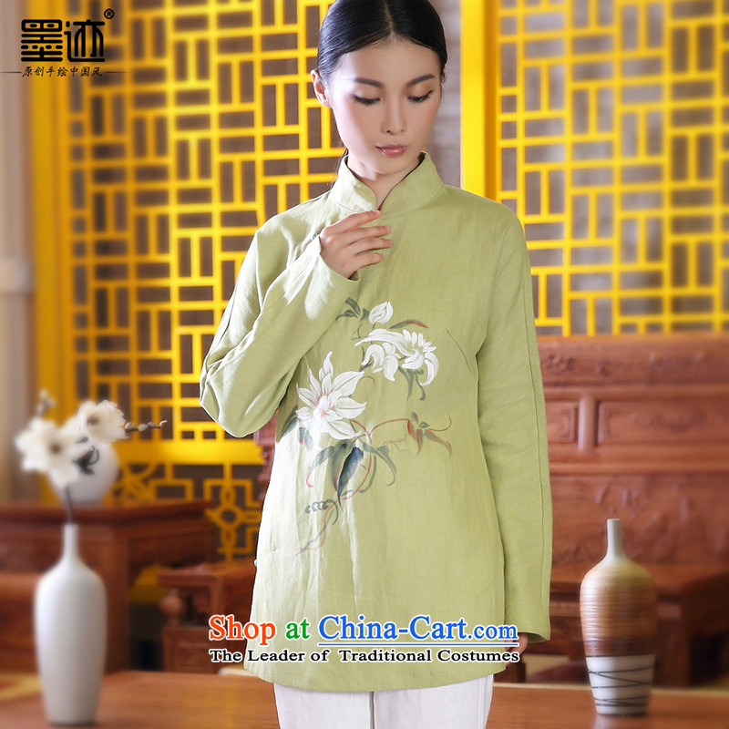 2015 new ink hand-painted cotton linen Tang Dynasty Chinese Han-girl shirt national wind jacket green L, Sepia ink has been pressed shopping on the Internet