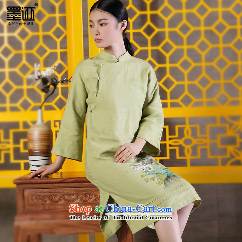 The size of the ink from the spring and autumn 2015 Women's new product improvement of ethnic Tang Dynasty Han-hand painted art nouveau linen dresses light green ink has been pressed XL, online shopping