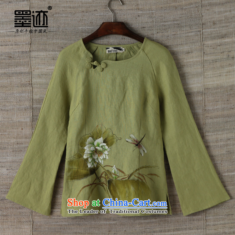 Replace ethnic autumn ink hand-painted flowers Ms. Tang dynasty cotton linen improved Han-girl Chinese blouses green M ink has been pressed shopping on the Internet