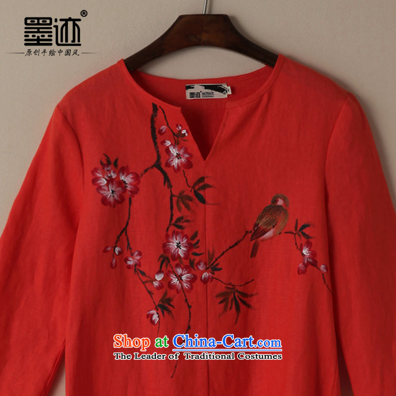 The Peach Blossom oriole ink 2015 Original loose cotton linen flax female fall inside the literary van cotton linen ethnic red-orange red M ink has been pressed shopping on the Internet