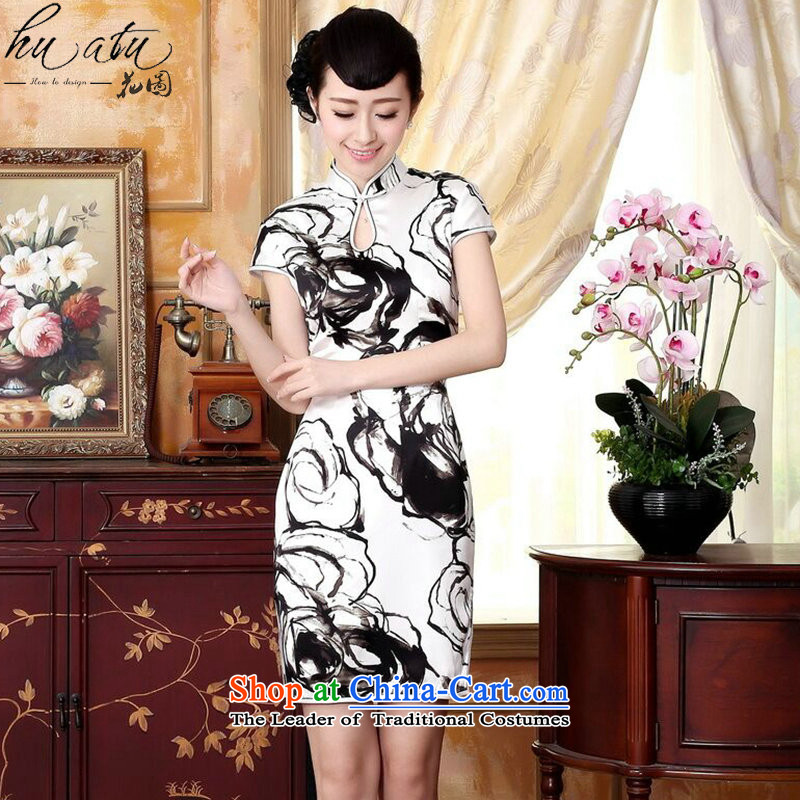 Floral silk retro water droplets Mock-neck herbs extract poster ink paintings of Sau San double short stretch cheongsam dress ink color?2XL
