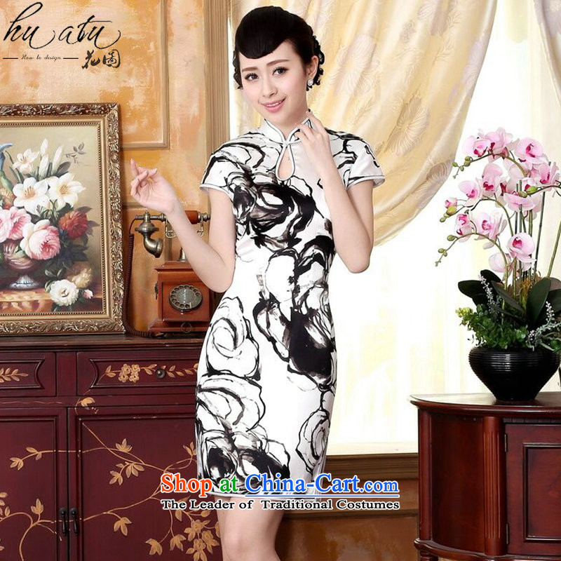 Floral silk retro water droplets Mock-neck herbs extract poster ink paintings of Sau San double short stretch cheongsam dress ink color 2XL, floral shopping on the Internet has been pressed.