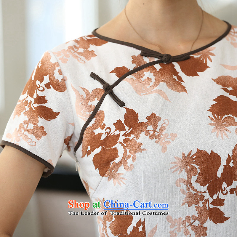 Figure for summer flowers female cotton linen collar features a field manual for the first field in the short-sleeved improved long round-neck collar qipao countenance , M, floral shopping on the Internet has been pressed.
