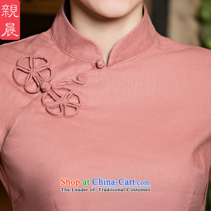 The new 2015 pro-morning daily Tang dynasty female summer qipao shirt improved stylish China wind cotton linen dresses CND leather pink + card its short skirt S pro-am , , , shopping on the Internet
