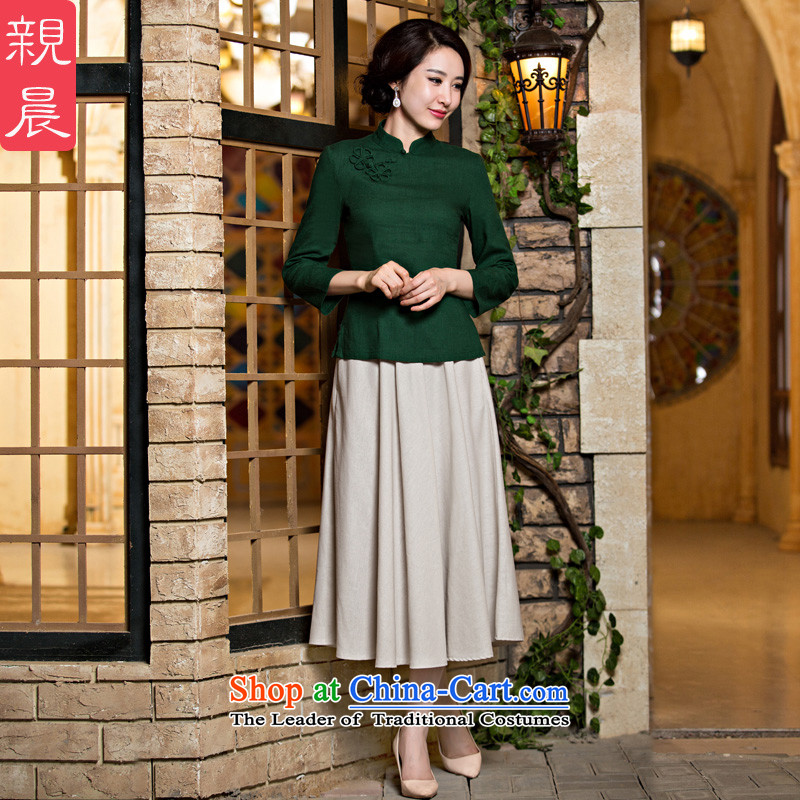 2015 new improved qipao shirt Fall/Winter Collections of ethnic Chinese Daily Ms. cotton linen dresses long-sleeved dark green 9 cuff a flower XL, pro-am , , , shopping on the Internet