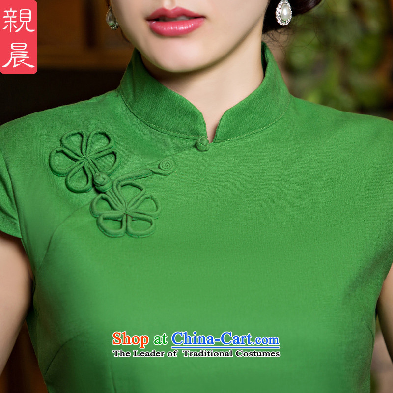 The new 2015 pro-morning short-sleeved T-shirt female summer qipao daily improved stylish Chinese cotton linen cheongsam dress grass green a flower + M white short skirts , M, PRO-AM , , , shopping on the Internet