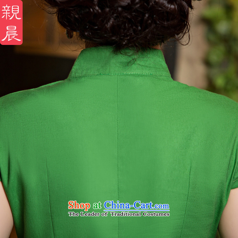 The new 2015 pro-morning short-sleeved T-shirt female summer qipao daily improved stylish Chinese cotton linen cheongsam dress grass green a flower + M white short skirts , M, PRO-AM , , , shopping on the Internet