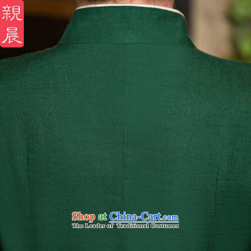 The new 2015 pro-morning improved stylish shirt qipao Fall/Winter Collections, day-to-day retro Chinese cotton linen dresses dark green 9 + m White in cuff skirt S pro-am , , , shopping on the Internet