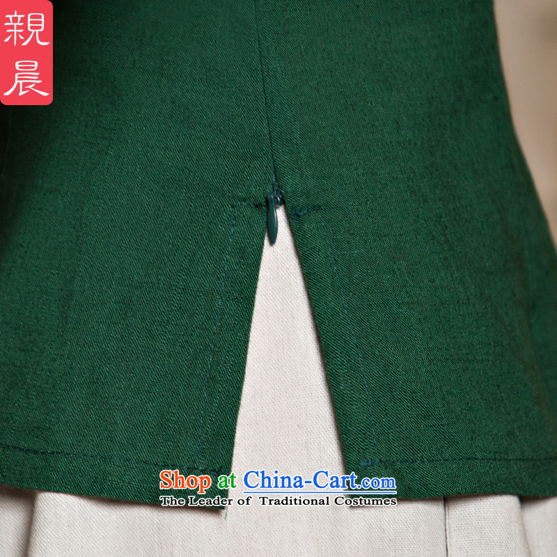 The new 2015 pro-morning improved stylish shirt qipao Fall/Winter Collections, day-to-day retro Chinese cotton linen dresses dark green 9 + m White in cuff skirt S pro-am , , , shopping on the Internet